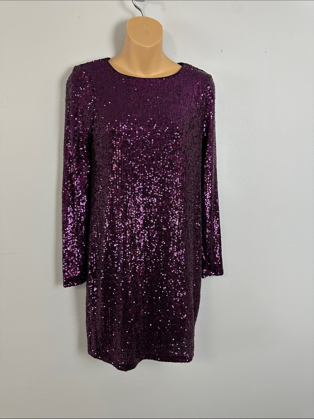 Express Glam Going Out Sequin Long Sleeve Mini Shift Dress - Deep Plum
